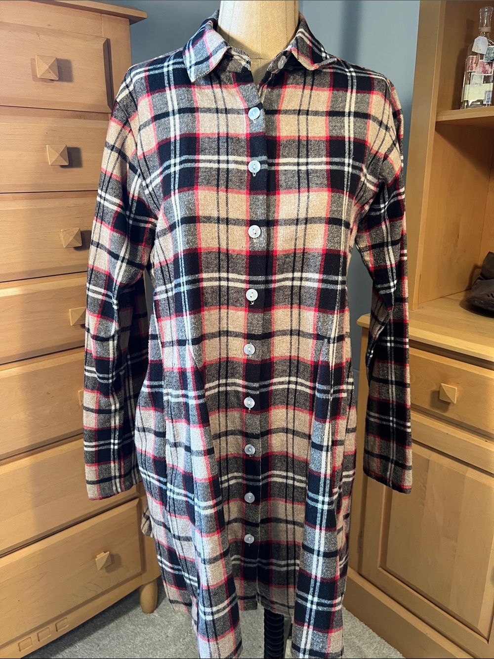 Cozy Plaid Button-Front Shirt Dress in Black, Cream & Red
